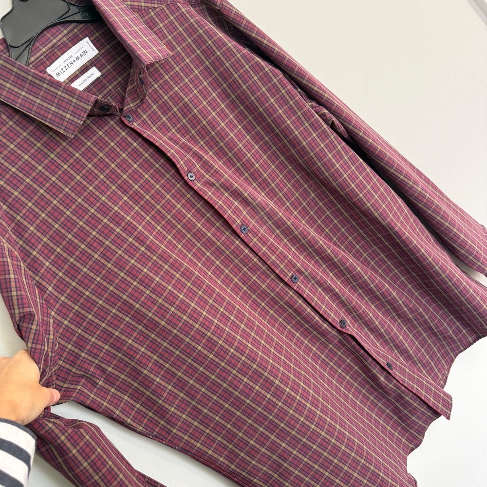 Mizzen+Main Leeward Dress Shirt XXL Trim Fit Burgundy Tan Plaid Performance Mens - Picture 2 of 5